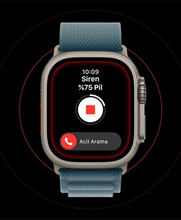 Apple Watch Ultra 3, natürel renk, titanyum kasa, etkin Siren ekranı, durdurma ve SOS Acil Arama düğmeleri, kordon, demir mavisi Alpine Loop