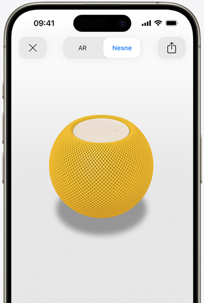 AR görünümünde, bir iPhone’un ekranında Sarı renkte HomePod.