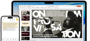 iPhone 16 Plus із виділеним текстом у додатку «Нотатки», Macbook Air з відкритою презентацією Keynote, текст із додатка «Нотатки» видно на слайді