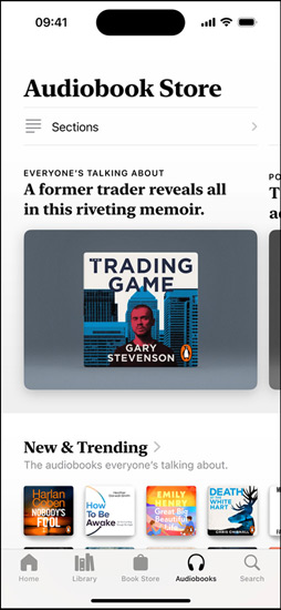 iPhone screen showing the Read More Black Authors section in the Books app, which includes an introduction about published Black authors. Below is the New and Coming Soon section, featuring two audiobooks.
