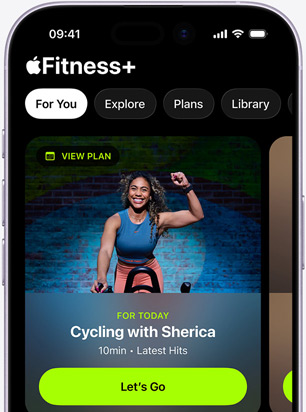 Apple Fitness+ app on an iPhone showing the For You tab screen, featuring a recommended Cycling workout