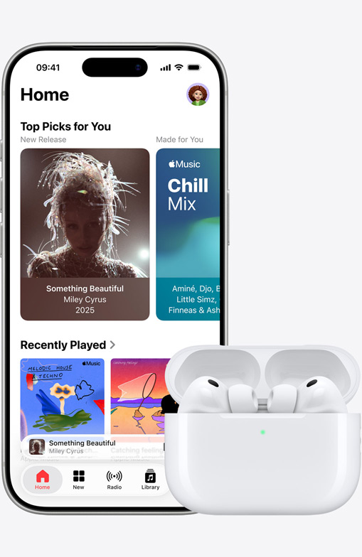 iPhone 17 Pro, front exterior, Apple Music app with Home Screen open, next to AirPods Pro 3 in open MagSafe Charging case