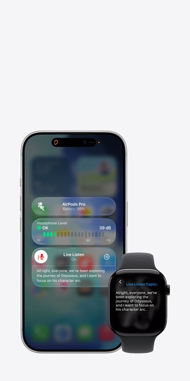 Aktív Élő hallgatás egy iPhone 17 Pro képernyőjén az észlelt hanghoz generált felirattal, valamint egy Apple Watch Series 11, melynek képernyőjén az Élő feliratok ugyanazokat az elhangzottakat leírva jeleníti meg