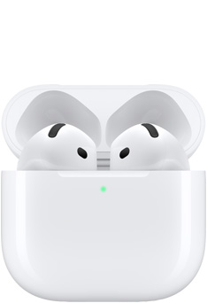 AirPods 4 uzlādes kārbiņā ar atvērtu vāciņu.
