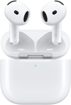 AirPods 4 slīd virs uzlādes kārbiņas ar atvērtu vāciņu.
