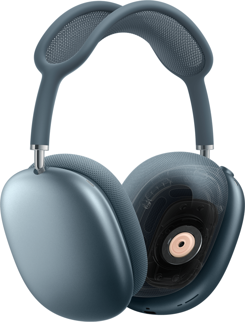 AirPods Max no trīs ceturtdaļu leņķa. Kreisā austiņa redzama ar rentgena efektu, parādot iekšējo draiveri.