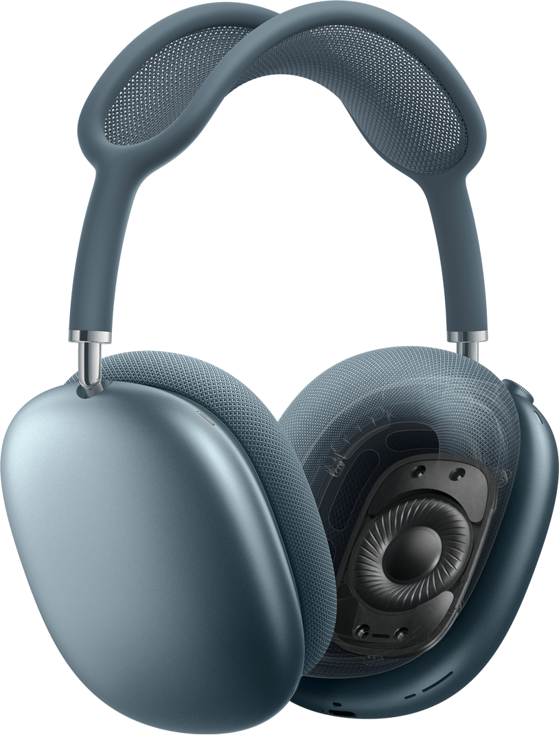 AirPods Max no trīs ceturtdaļu leņķa. Kreisā austiņa ir atgriezta, lai redzētu iekšējo tehnoloģiju.