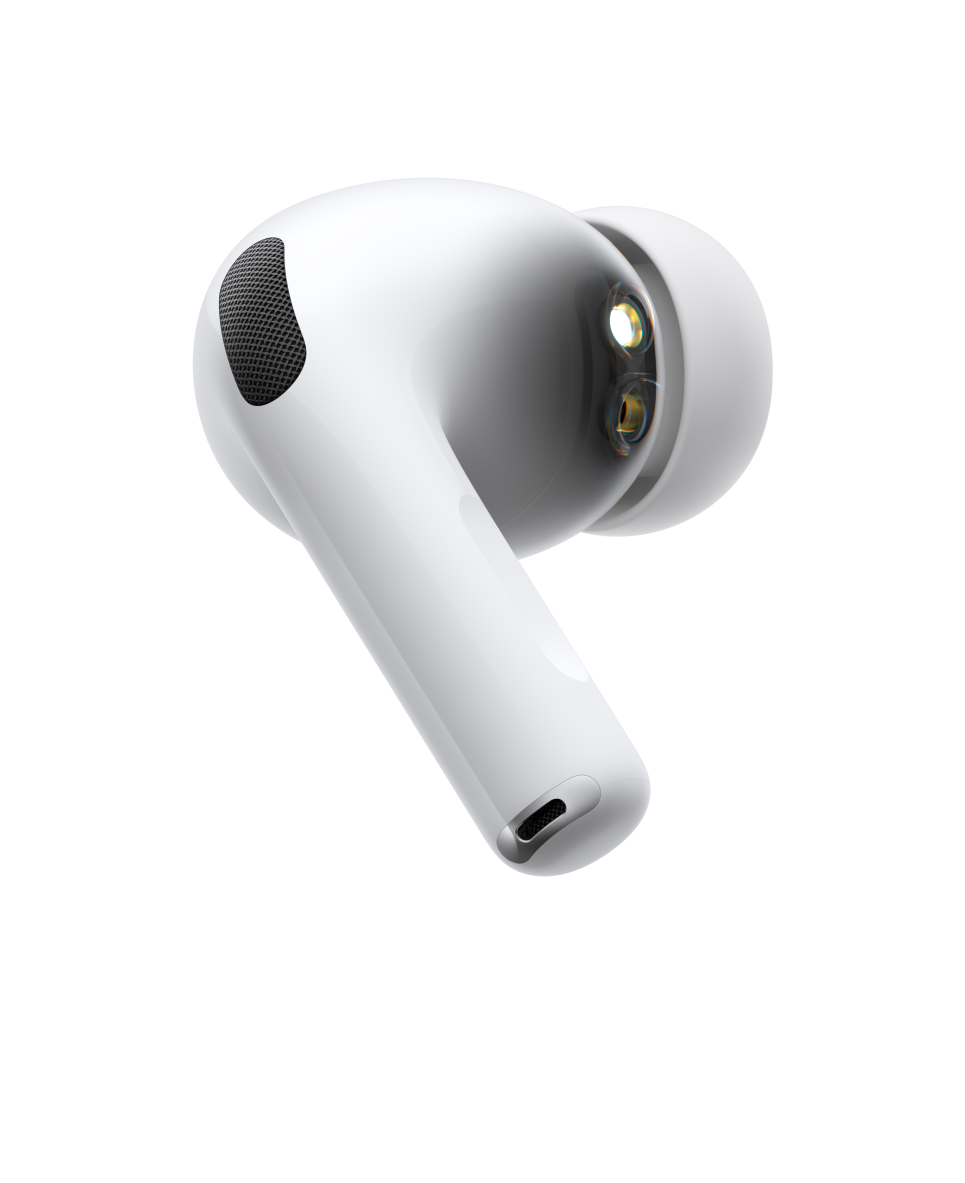 AirPods Pro 3 brancos, fones de ouvido sem fio, exterior da lateral, haste tubular curta, com uma onda pulsante