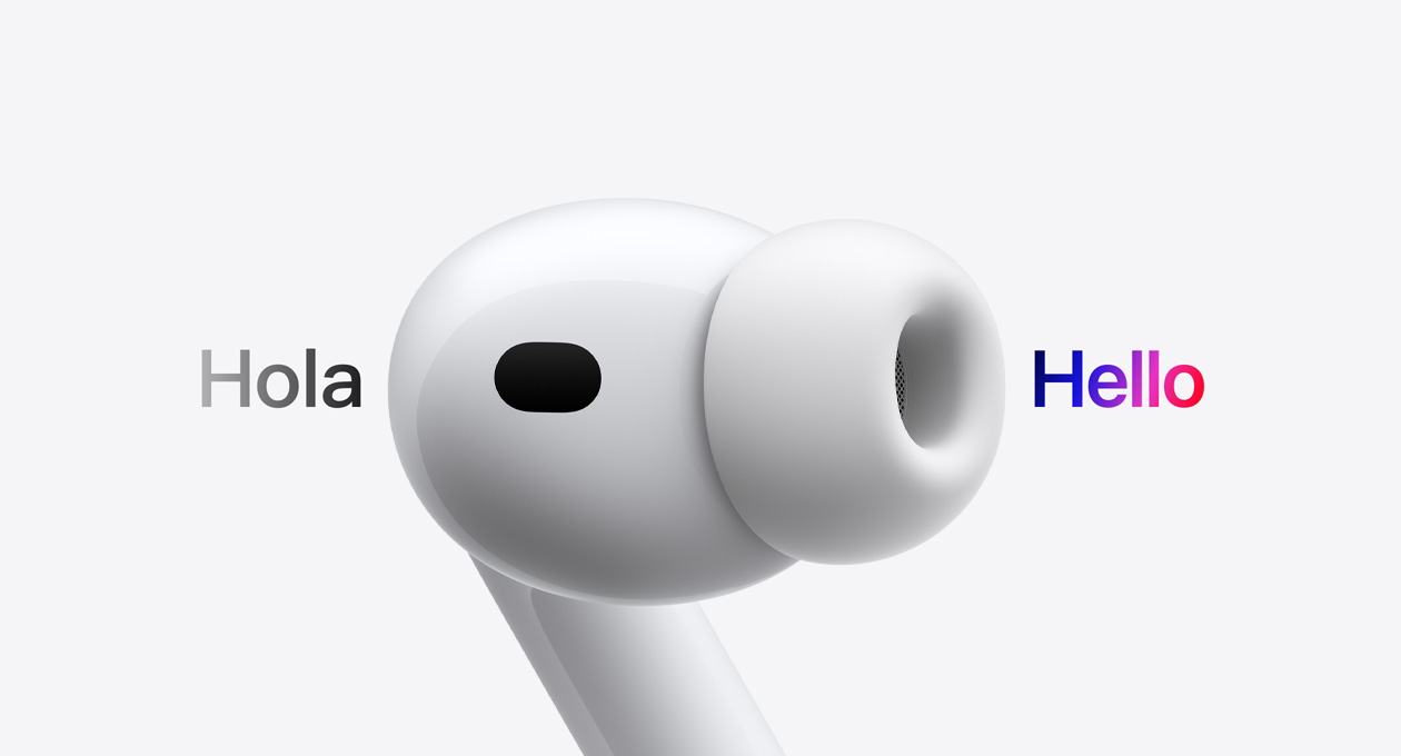 AirPods Pro 3 耳機配備矽膠耳塞套，即時翻譯功能將西班牙文的「hola」翻譯成英文的「hello」