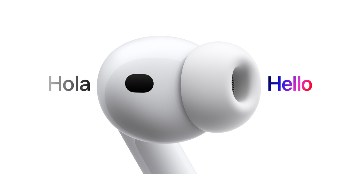 AirPods Pro 3，耳機配備矽膠耳塞套，即時翻譯功能將西班牙文的「hola」翻譯成英文的「hello」
