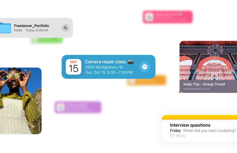 Trechos de informações como eventos do calendário, fotos e notas mostram as inúmeras fontes que a Siri pode aproveitar.