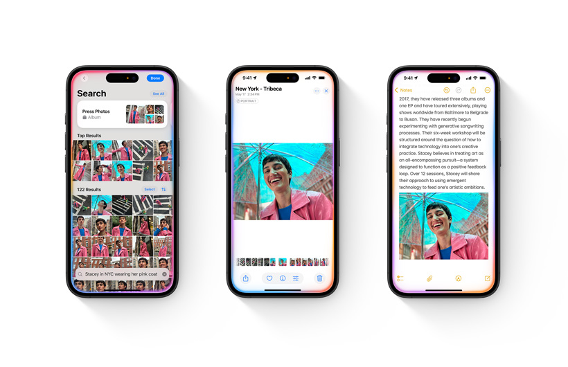 Imagem da fototeca em um iPhone com uma descrição da busca. Um segundo iPhone mostra uma única foto favorita com base na busca. Um terceiro iPhone mostra a foto incluída em uma nota no app Notas.