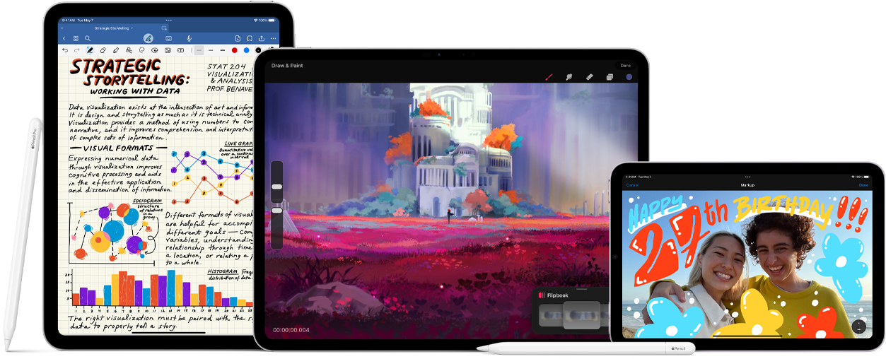 Pretskats uz trim iPad blakus cits citam. Kreisajā pusē vertikāla novietojuma iPad (A14 Bionic) un Apple Pencil (1. paaudzes). Pa vidu ir horizontāla novietojuma iPad Pro ar krāsainu zīmējumu ekrānā un augšpusē piestiprinātu Apple Pencil Pro. Labajā pusē horizontāla novietojuma iPad mini ar augšpusē piestiprinātu Apple Pencil (2. paaudzes). iPad Pro un iPad mini priekšā guļ Apple Pencil USB-C.