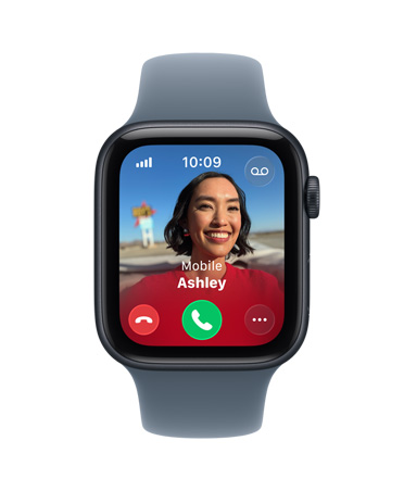 Apple Watch SE 3, alumīnija ietvars, pusnakts krāsa, ienākošais zvans, kontaktpersonas bilde, atbildēšanas un zvana noraidīšanas pogas, labais sāns, Digital Crown, sporta siksniņa, tērauda zila krāsa