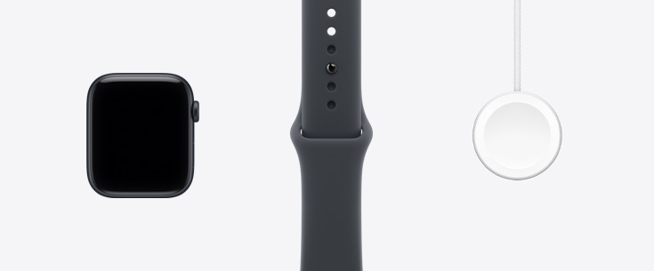 Apple Watch SE 3, alumīnija ietvars, pusnakts krāsa, priekšpuses skats, pilnekrāna displejs, pusnakts krāsas sporta siksniņa, Apple Watch magnētiskais ātrās uzlādes USB-C kabelis