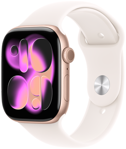Apple Watch Series 11, zeltrozā krāsa, alumīnija ietvars, Responsive Art ciparnīca, labais sāns, Digital Crown, mikrofons, sānu poga, sporta siksniņa, iesārta krāsa, sudraba krāsas aizdare