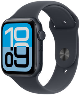 Apple Watch SE 3, alumīnija ietvars, pusnakts krāsa, Flux ciparnīca, labais sāns, Digital Crown, mikrofons, sānu poga, pusnakts krāsas sporta siksniņa, pusnakts krāsas aizdare