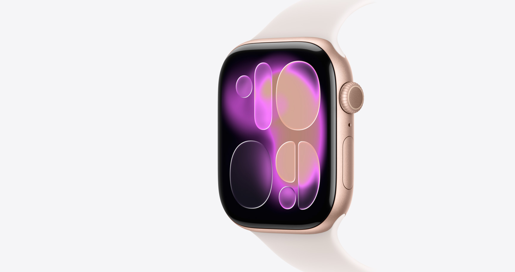Apple Watch Series 11, zeltrozā krāsa, alumīnija ietvars, Responsive Art ciparnīca, labais sāns, Digital Crown, mikrofons, sānu poga, sporta siksniņa, iesārta krāsa