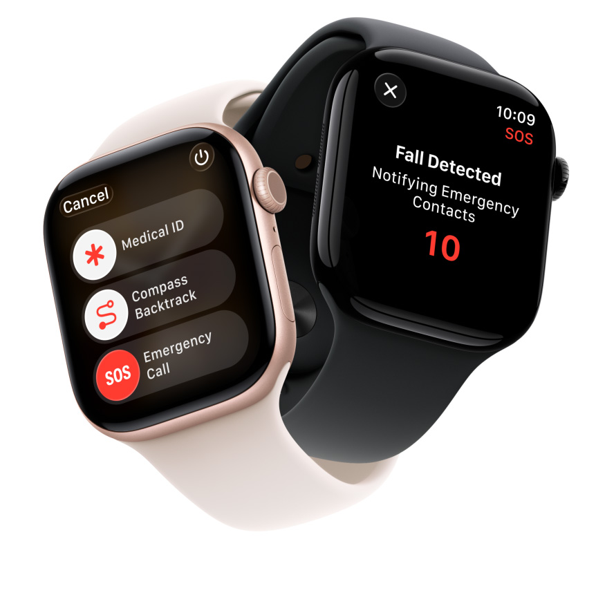 Apple Watch Series 11 pulksteņi, alumīnija ietvari, zeltrozā un pulētā supermelnā krāsā, ekrānā redzamas drošības funkcijas: medicīniskais ID, Backtrack funkcija Compass aplikācijā, palīdzības izsaukums ārkārtas situācijās, sporta siksniņas, iesārta un melna krāsa