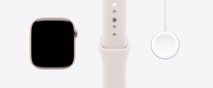 Apple Watch Series 11, alumīnija ietvars, zeltrozā krāsa, priekšpuses skats, pilnekrāna displejs, iesārtas krāsas sporta siksniņa, Apple Watch magnētiskais ātrās uzlādes USB-C kabelis