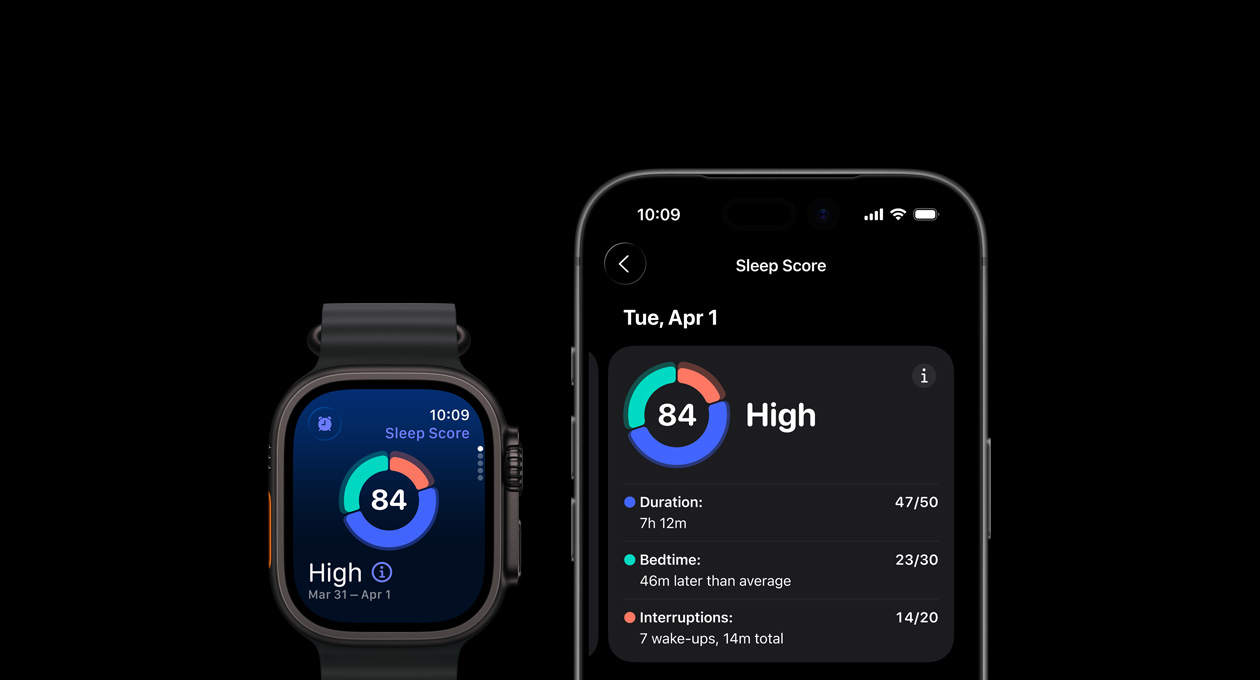 Un score de sommeil et son graphique correspondant sur une Apple Watch Ultra 3, l’analyse complète ouverte sur un iPhone jumelé à l’Apple Watch
