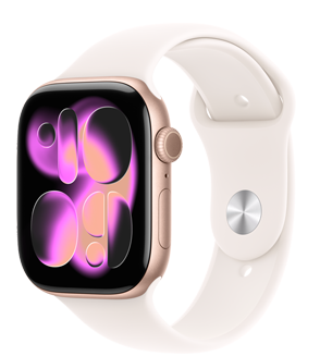 Apple Watch Series 11, zeltrozā krāsa, alumīnija ietvars, Responsive Art ciparnīca, labais sāns, Digital Crown, mikrofons, sānu poga, sporta siksniņa, iesārta krāsa