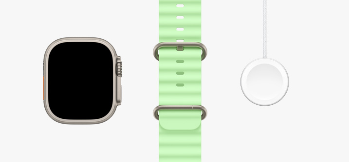 Apple Watch Ultra 3, dabīgas krāsas titāna ietvars, pilnekrāna displejs, neona zaļa Ocean Band siksniņa, Apple Watch magnētiskais ātrās uzlādes USB‑C kabelis