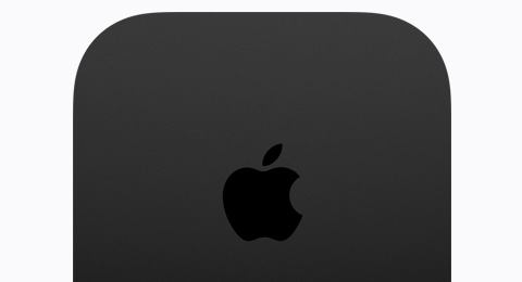 Apple TV 4K, black color, top exterior, glossy black Apple TV logo