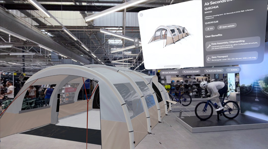A 3D projection of a camping tent overlaid in a sporting goods showroom, and a floating window shows additional product information