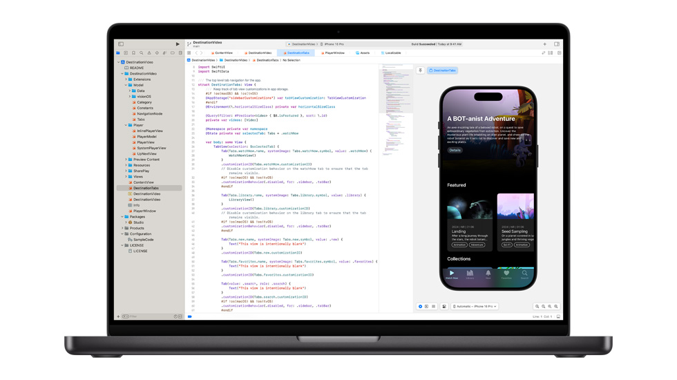 Un Mac ouvert. L’app Apple pour l’édition de code, appelée Swift, est affichée à l’écran.