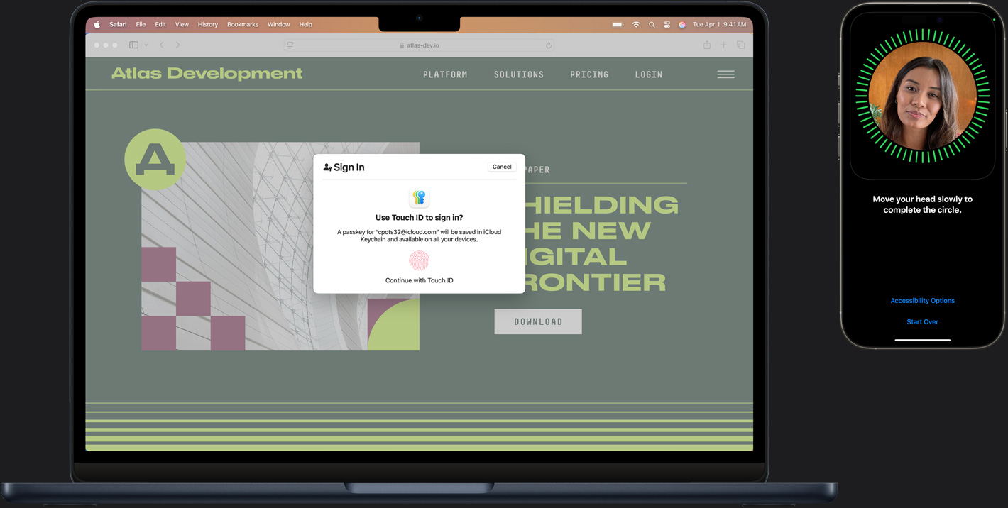Un Mac et un iPhone montrant différents aspects de la fonctionnalité Touch ID pour se connecter de manière sécurisée.