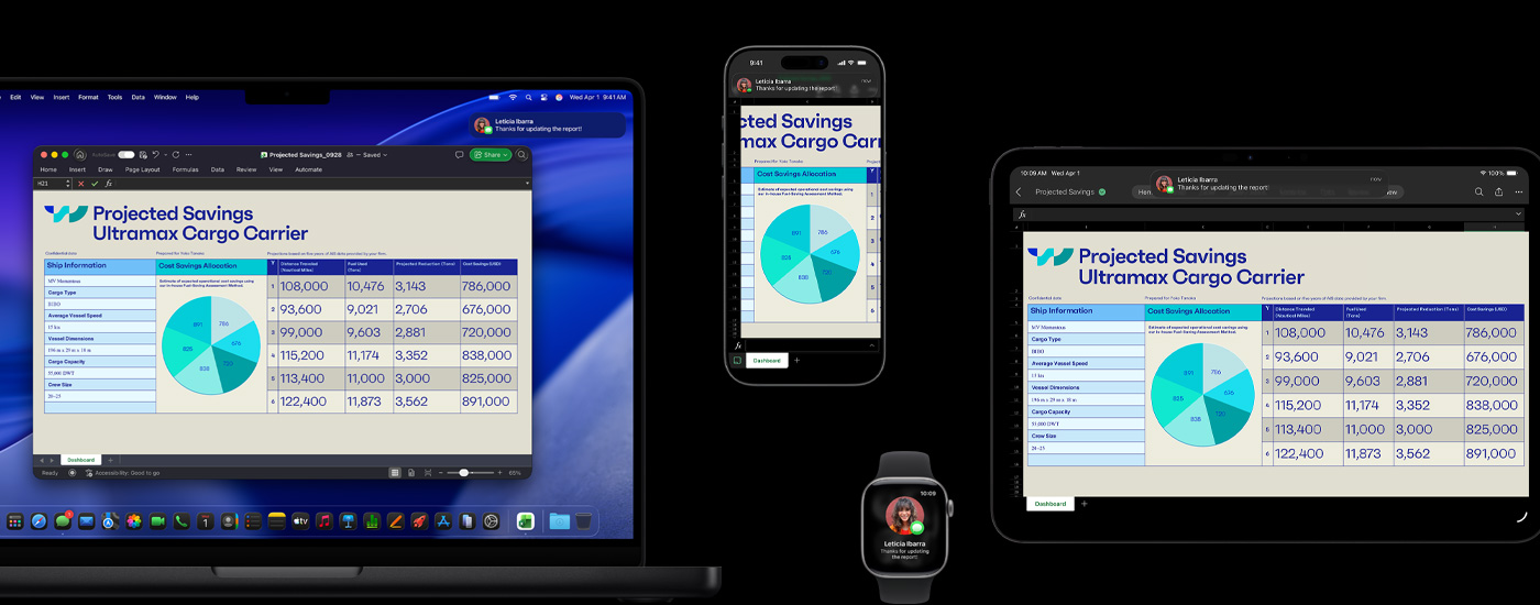 A spreadsheet and text message displayed on a suite of devices, including iPhone, iPad, Apple Watch and Mac which shows macOS Tahoe.