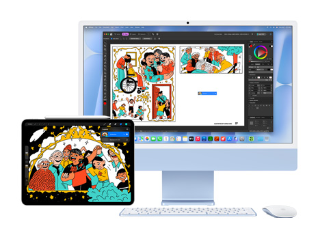 Illustration audacieuse et amusante présentée sur un iPad et un iMac équipé de macOS Tahoe. Sur l’iMac, l’illustration est affichée dans une application de création.