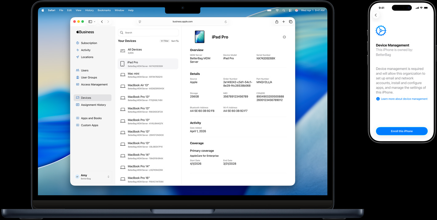 Un MacBook et un iPhone, l’écran du MacBook affiche Apple Business Essentials et celui de l’iPhone, la fenêtre de gestion des appareils dans Configuration.
