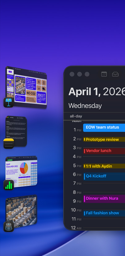 Plusieurs apps iOS affichées sur un bureau via Stage Manager, l’app Calendrier montrant un agenda est mise en avant.