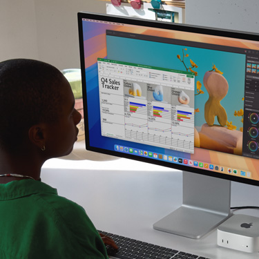 Eine Frau sitzt an einem Arbeitstisch und arbeitet auf einem Mac an einer Excel Tabelle. Die Excel Tabelle ist ein Sales Tracker für das vierte Quartal. Hinter dem Excel Tabellenfenster wird Pixelmator Pro angezeigt.