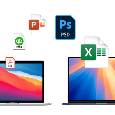 Due MacBook affiancati mostrati di fronte con sfondi colorati diversi. Sopra c’è un arco formato da icone di file Acrobat, Quickbooks, PowerPoint, Photoshop ed Excel.