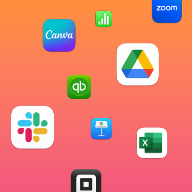 Icone di app per la produttività tra cui Slack, Canva, Google Workspace, Zoom, Quickbooks, Keynote, Excel, Square e Numbers su uno sfondo colorato.