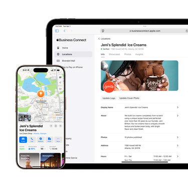 Un iPad mostrato di fronte con la piattaforma Apple Business Connect di un’azienda. Davanti all’iPad c’è un iPhone che mostra una schermata dell’app Mappe di Apple con le informazioni dell’azienda.