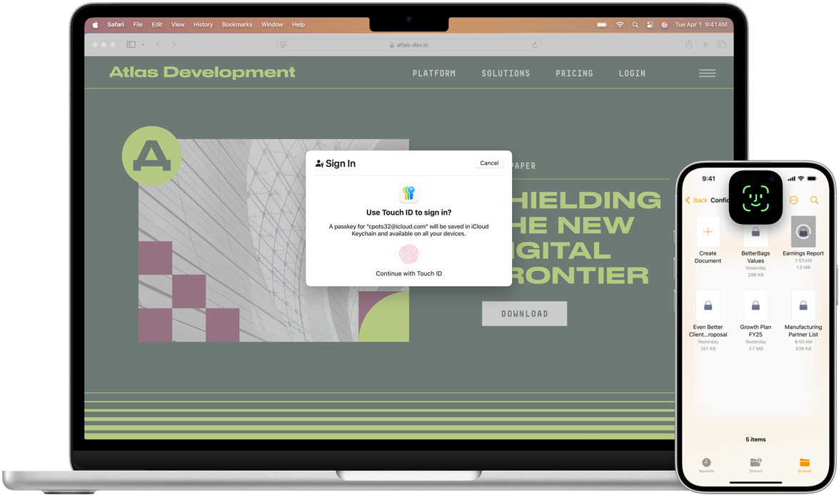 Un MacBook mostrato di fronte con la finestra del Touch ID. Davanti al MacBook c’è un iPhone con la schermata del Face ID.