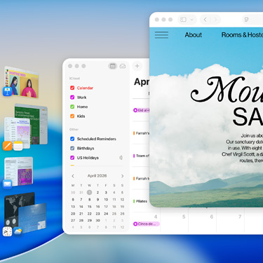 Multiple windows and apps displayed on macOS Tahoe screen including Keynote, Pages, Mail and a website featuring content about a serene sanctuary.