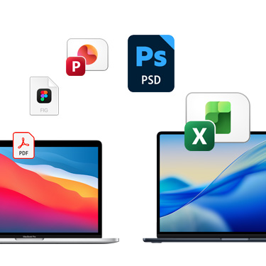 Front view of two side-by-side MacBooks with different colorful desktop backgrounds. File icons are displayed in an arc above the MacBooks. File icons include Acrobat file, Quickbooks file, PowerPoint file, Photoshop file, Excel file.