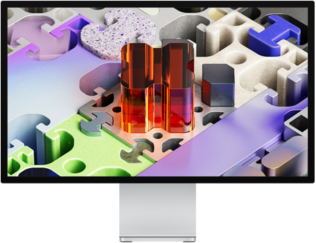 Studio Display XDR 正面圖，螢幕展示像拼圖的 3D 背景圖片