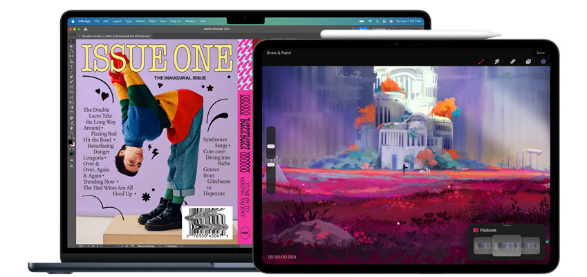 Un MacBook et un iPad affichent des apps de design, un Apple Pencil Pro se trouve à côté de l’iPad.