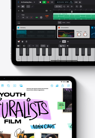 Two iPads displaying the Logic Pro and Freeform apps.