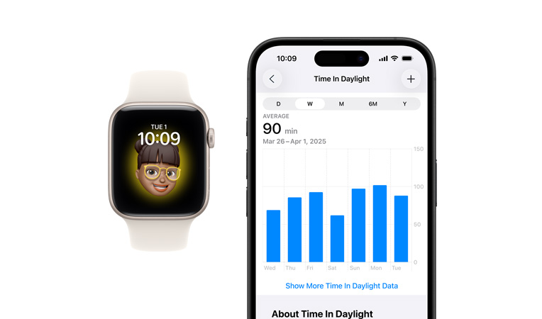 Apple Watch SE fehér sportszíjjal, elölnézetből, a kijelzőjén az Óra és a Memoji jelenik meg, mellette egy iPhone 16 látható elölnézetből, a kijelzőjén az Egészség és a Nappali fényben töltött időt ábrázoló diagram jelenik meg