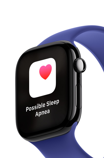 Un écran d’Apple Watch affiche une notification d’apnée du sommeil avec l’app Apnée du sommeil.