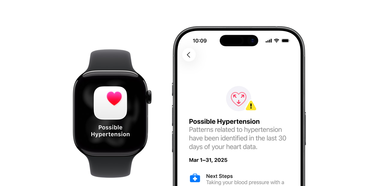 高血圧の兆候に関する通知を表示しているApple WatchとiPhone