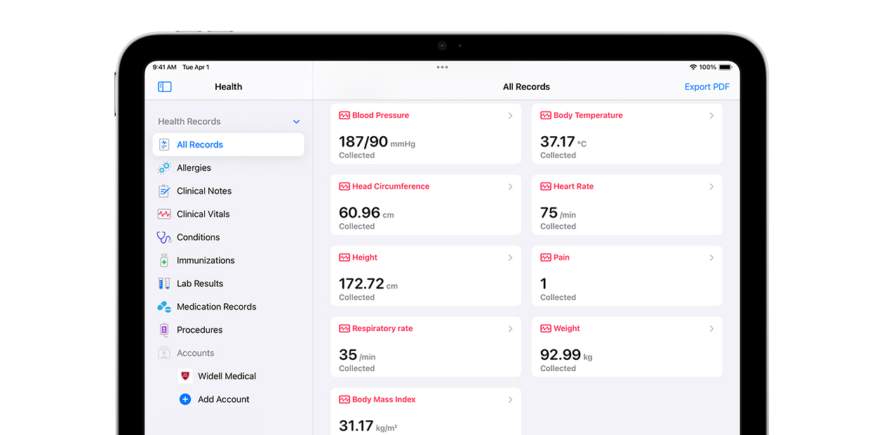 Appleのヘルスケアアプリが表示されているiPadの画面