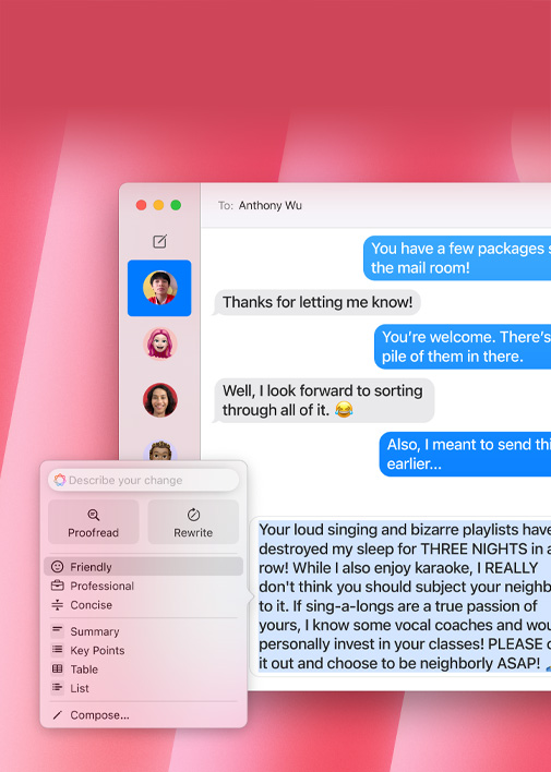 Writing Tools funkcijas attēlojums. Lietotāja teksts Messages aplikācijā pārvēršas par draudzīgāku teksta versiju, izmantojot Friendly Tone iespēju.
